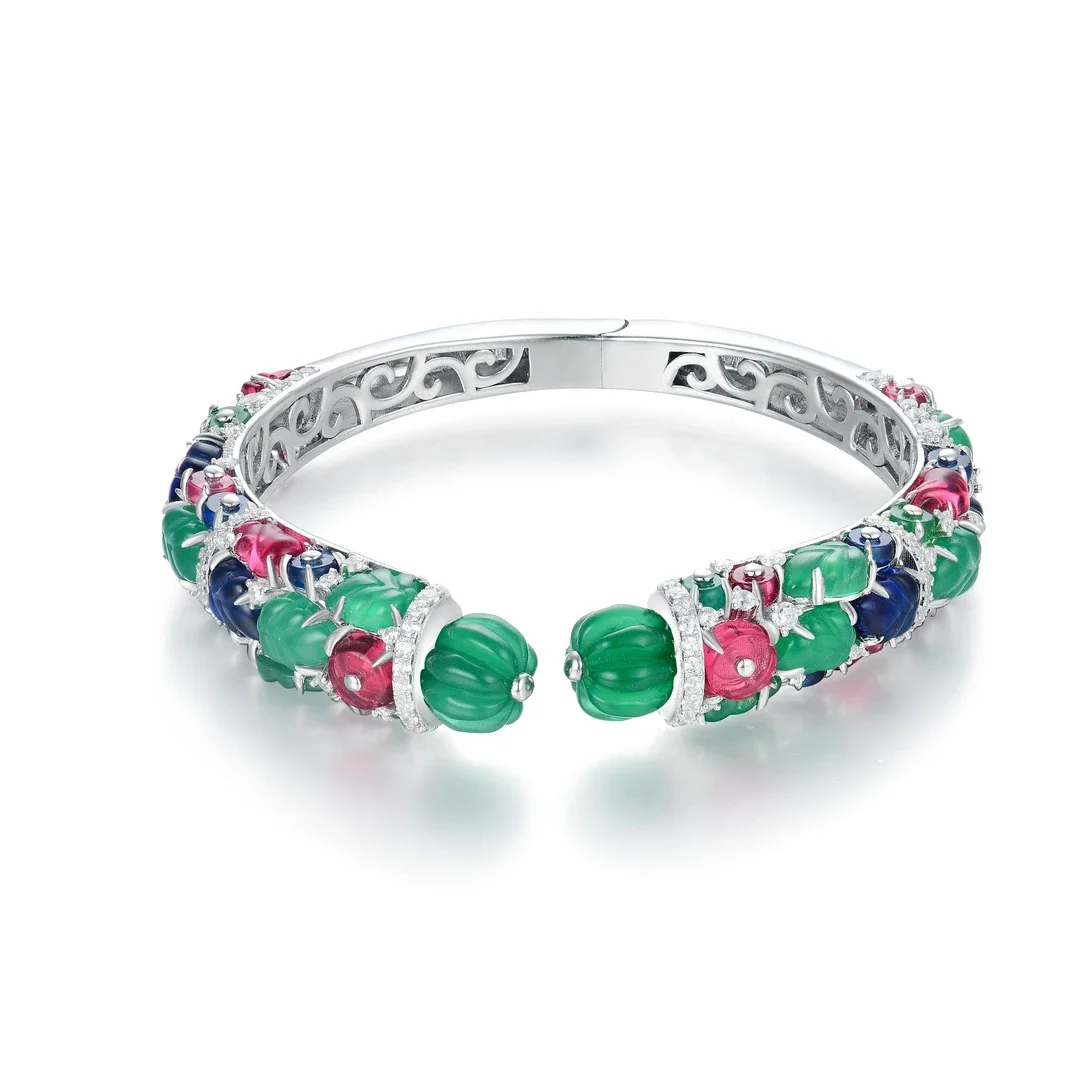 BELLUX 925 Silver Synthetic Zircon Bracelet Colored Fruit Carving Gemstone Pumpkin shaped Luxury Open Bangle Fine Jewelry