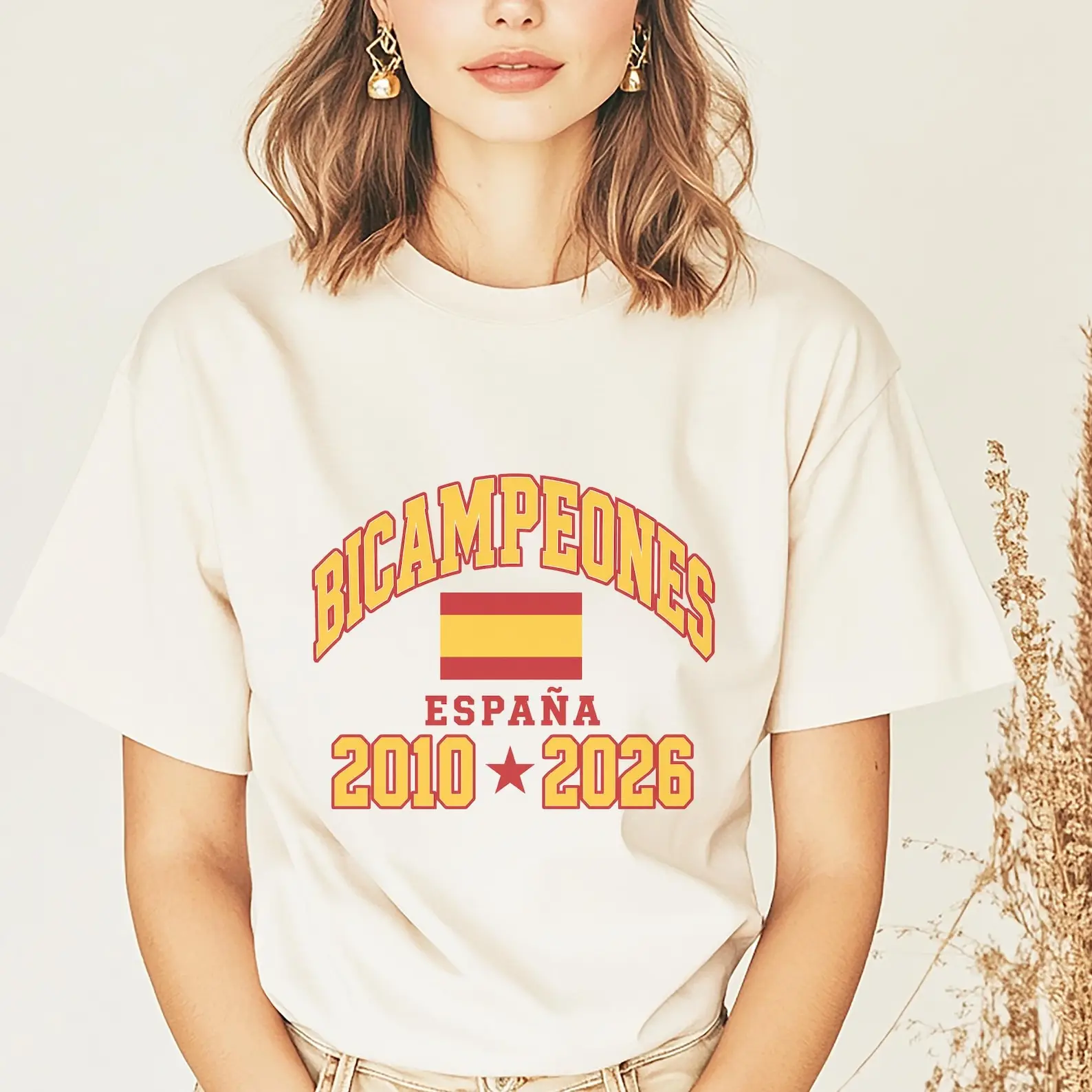 Camiseta de Fútbol de España Bicampeones del Mundial 2026, Camiseta de Algodón, Camiseta de Fútbol de España, Ropa Harajuku para Mujer, Camisetas con Estampado Gráfico