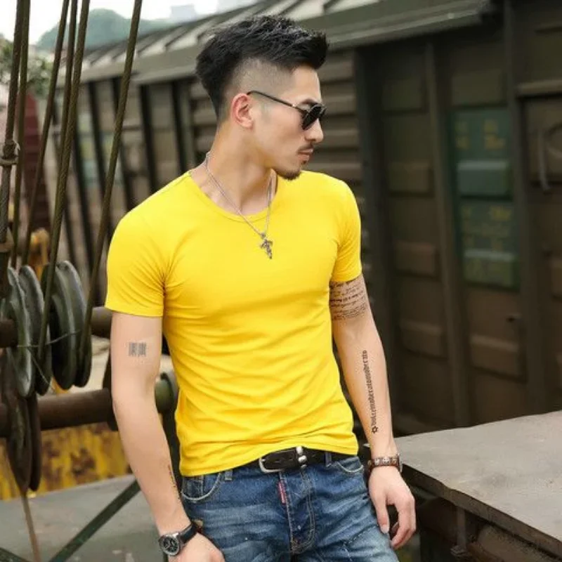 Streetwear Gym Men's T-shirt No Logo Clothes Muscles Male Tee Shirts Plain Top Yellow Smooth New in Casual Party Basic Original