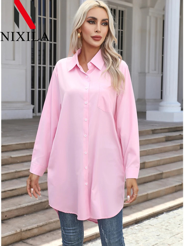 Nieuwe lente elegante blouse stijlvolle vrouwen revers hals shirt met lange mouwen losse effen split zoom tops oversize OL werk blusas kleding