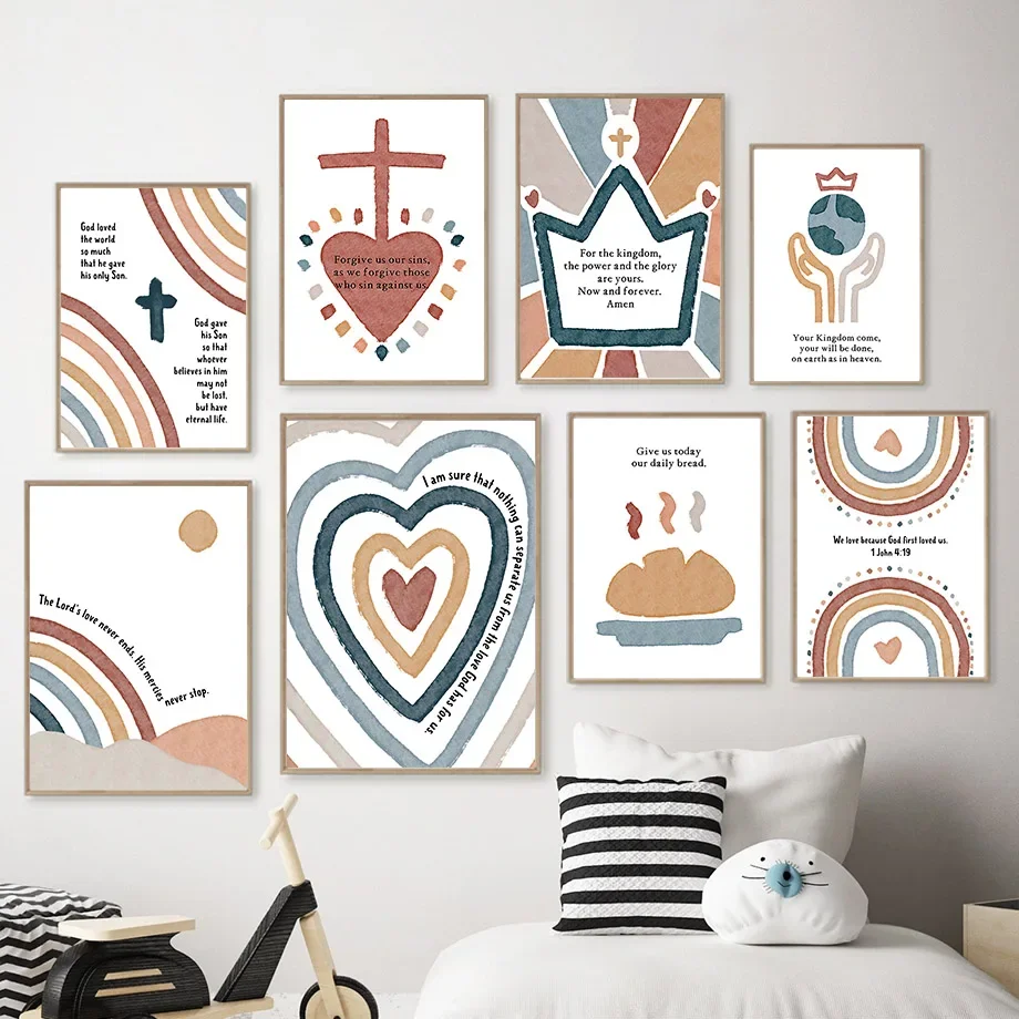 Heart Crown Rainbow Christian Bible Nursery Nordic Posters And Prints Wall Art Canvas Painting Pictures Kids Room Church Decor