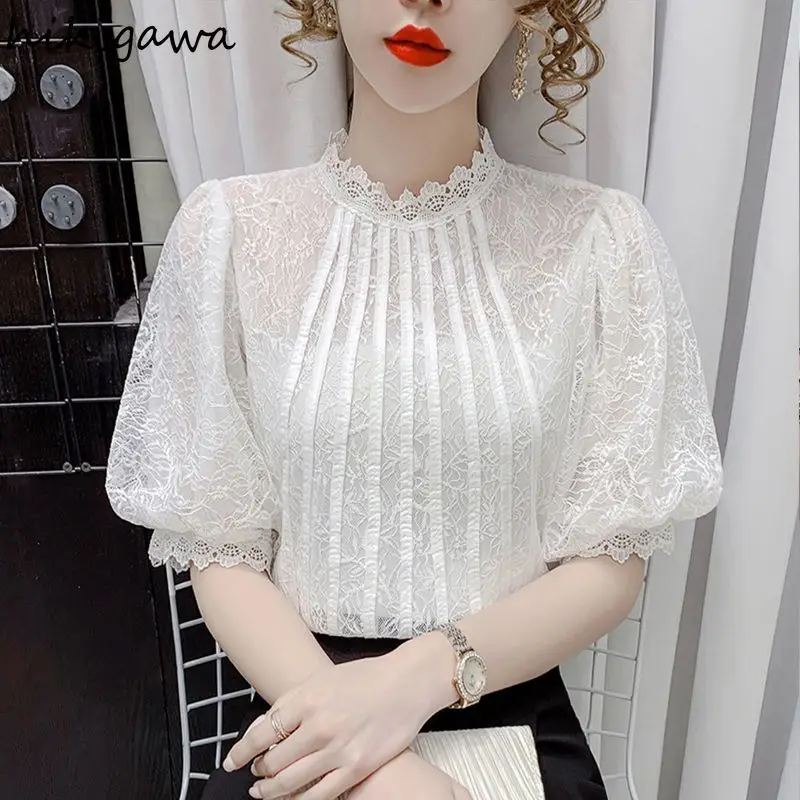 White Bloses Women 2024 Blusas Mujer De Moda Puff Sleeve Vintage Summer Tops Chic Korean Summer Lace Temperament Blouse Shirts