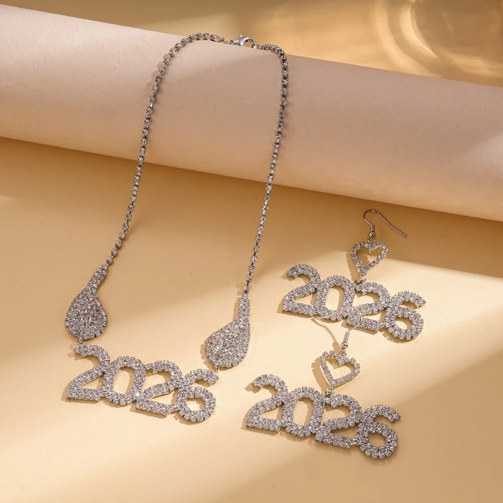 بدلة مجوهرات جمالية عتيقة 2026 مبالغ فيها من حجر الراين سنة جديدة سعيدة أقراط قطرة طويلة لامعة 2026 قلادة عيد الميلاد