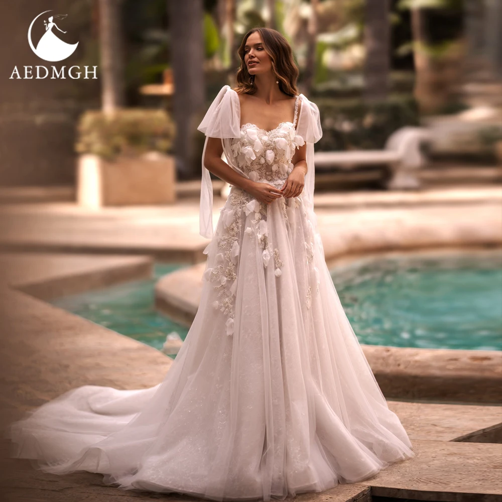 Aedmgh a-line فساتين زفاف رومانسية 2023 سويت هارت بدون أكمام شرائط Vestido De Novia زينة زهور ثلاثية الأبعاد رداء De Mariee