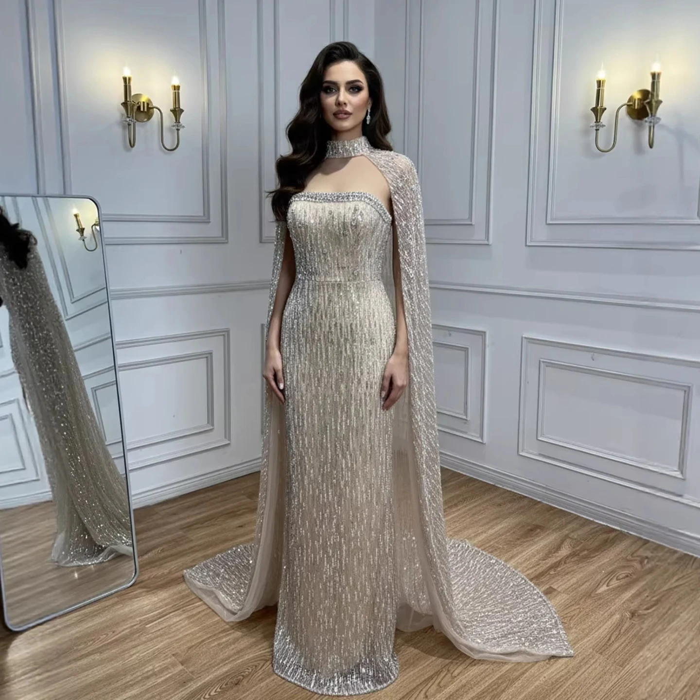 Serene Hill Nude Beaded Mermaid Evening Dress with Cape