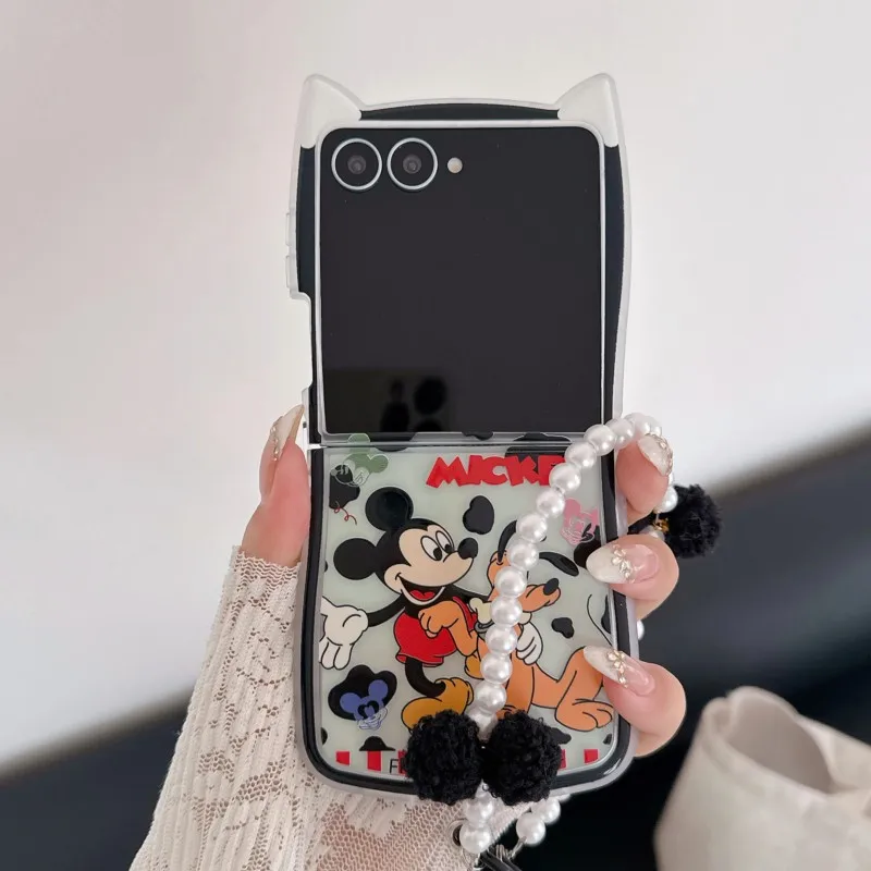 Capa de Telefone Kawaii Mickey Mouse com Orelhas de Gato 3D, Estilo Ins, Capa Protetora com Alça de Pérola para Samsung Galaxy Z Flip 3 4 5 6 7 7FE