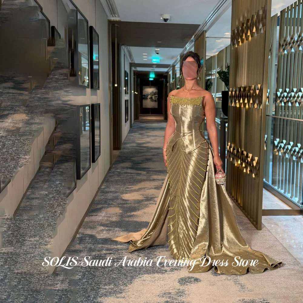 SOLIS Gold Strapless Mermaid Evening Dress Corset Bodice Pearl Beading Peplum Train Ruched Waist Formal Prom Party Customized