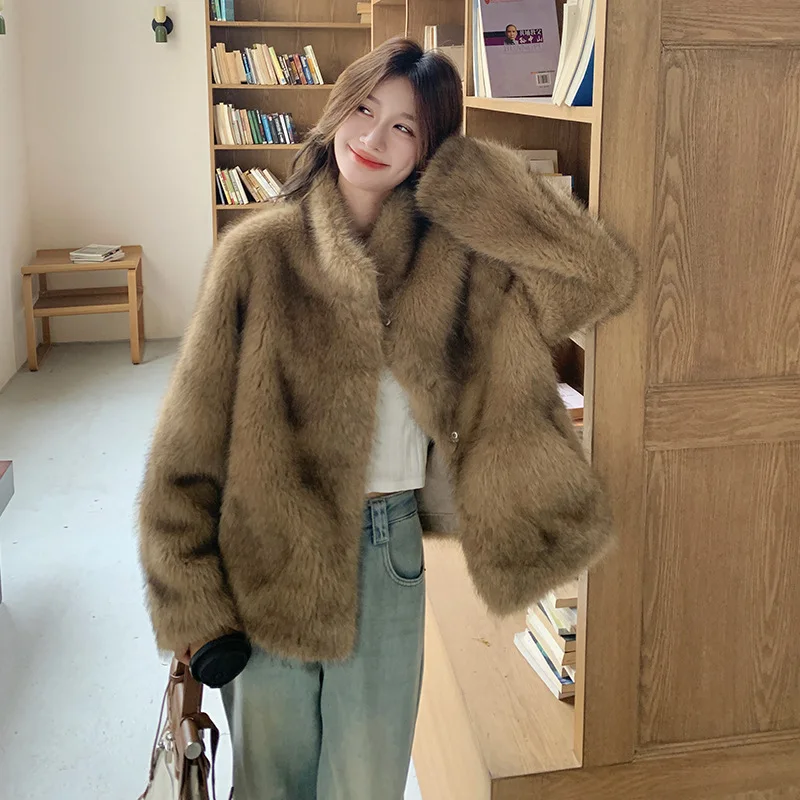 2025, Winter-verdickte warme Plüschjacke für Damen, Kaffeefarbe, umweltfreundlicher Vintage-Kunstpelzmantel, modisches lässiges Oberteil