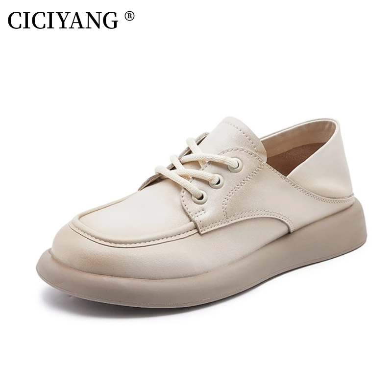 CICIYANG Women's Flat Loafers Genuine Leather 2024 New Soft Sole Lace-up Spring Shoes Casual Walking Shoes For Ladies Handmade