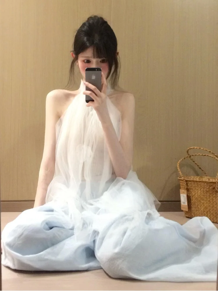 

Unique Beautiful Holiday Set Women Elegant Heavy Embroidery Ruffle Flower Hanging Neck Top Lace Long Pants Two Piece Set