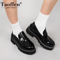 Taoffen Casual Women's Loafers Genuine Leather Solid Thick Sole Square Heel Metal Buckle Pumps Mature Round Toe Office Shoes