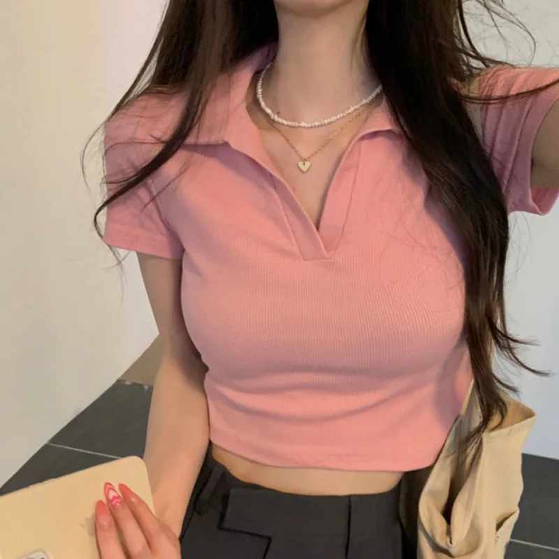 V-Neck Brown Korean Fashion Crop Tops Women Sesy Kawaii Kpop T-shirts Goth Harajuku Y2K Tees Pink Cheap Clothes Woman Tshirts
