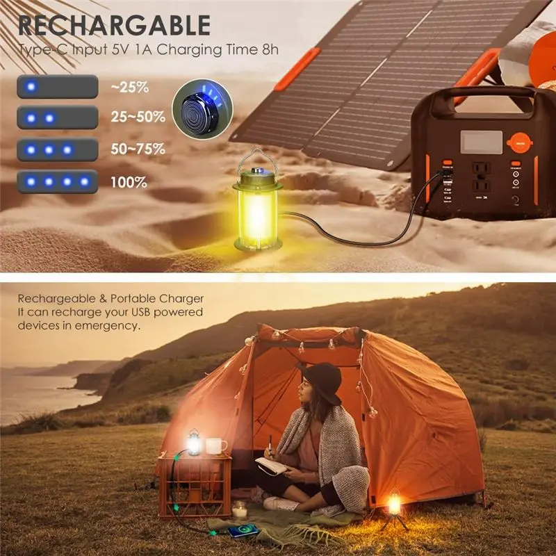 Lantern USB Rechargeable Flashlight Handheld Portable LED Light 3 Color Light Source Outdoor Waterproof Camping