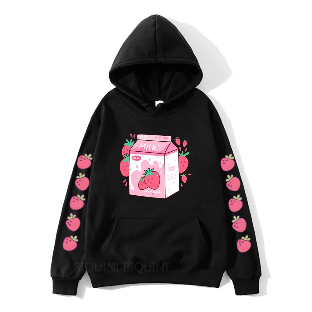 Cartoon Strawberry Milk Cute Printed Clothing Women Hoodies Plus Size Sweatshirt Aesthetic Trendy Female Winter Warm Streetwear