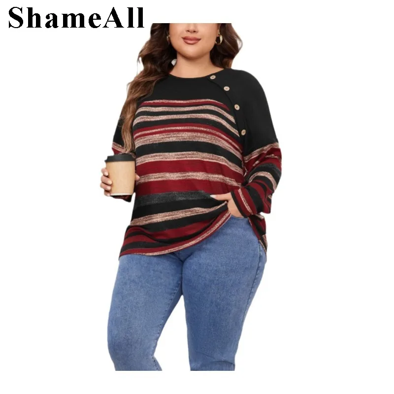 Plus Size Fall Women Clothes Round Neck Casual Long Sleeve T Shirt Fall Women Clothes Striped Simple Casual Blouse