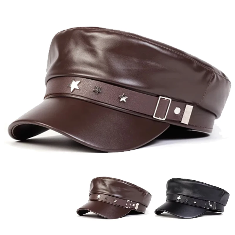 Gorras militares unisex de cuero PU con hebilla de estrella, gorras de béisbol de copa plana para mujer, gorras militares para deportes al aire libre, gorras de cadete con protección solar