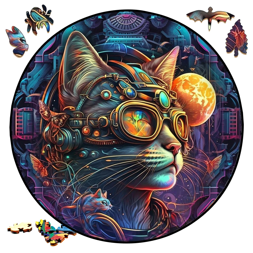 Creative Wooden Jigsaw Puzzle Board Games Animal Mechanical Space Cat Round Shaped Wood Puzzles Toys Secret Puzzle Boxes Package