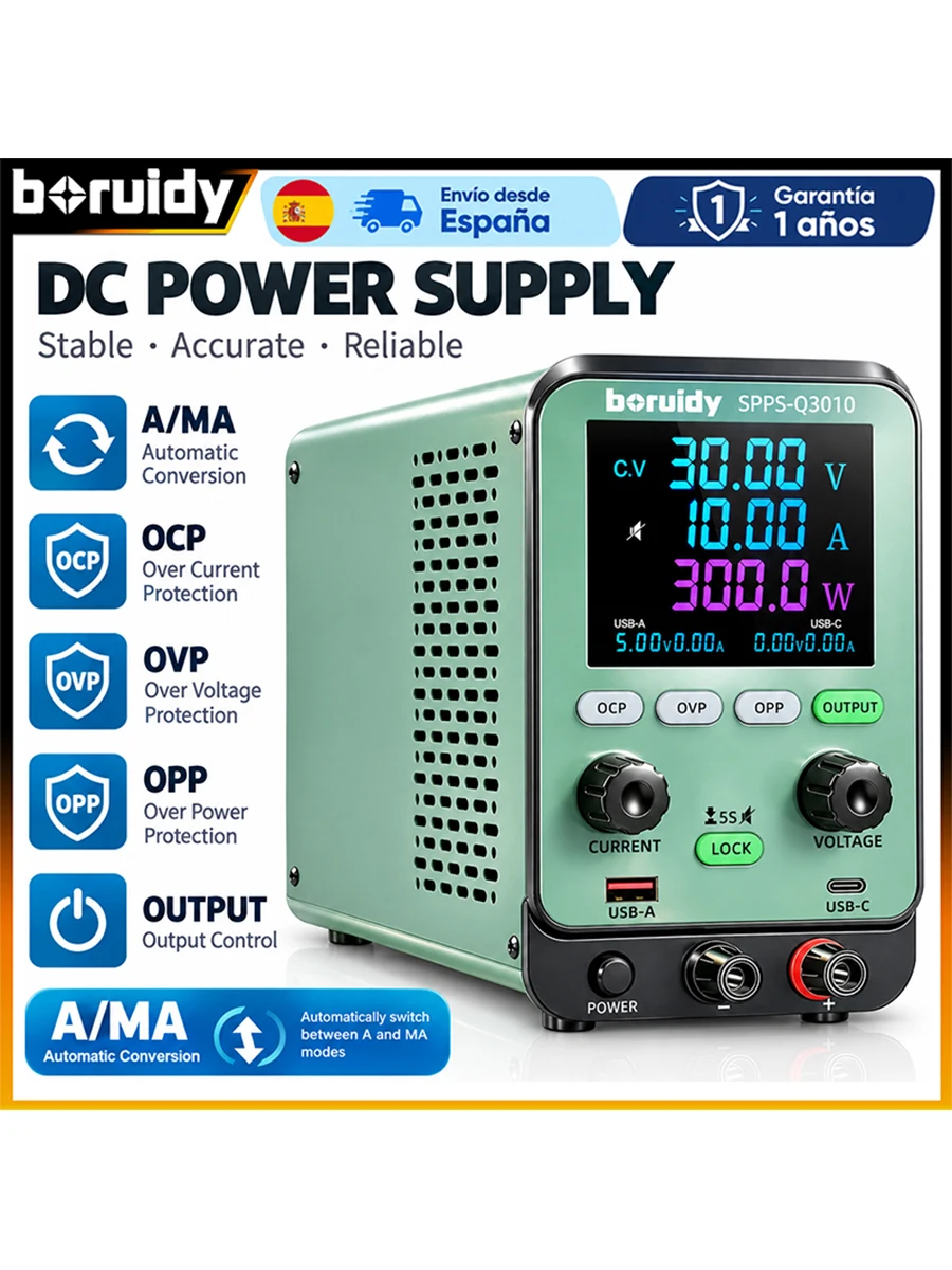 Boruidy 30V 10A Einstellbares Variables DC-Labornetzteil, OCP OVP OPP Mehrfachschutz, CV CC Labor-Stromversorgung, Automatischer Strom- und Leistungsschalter mit USB-A USB-C Anschlüssen für
