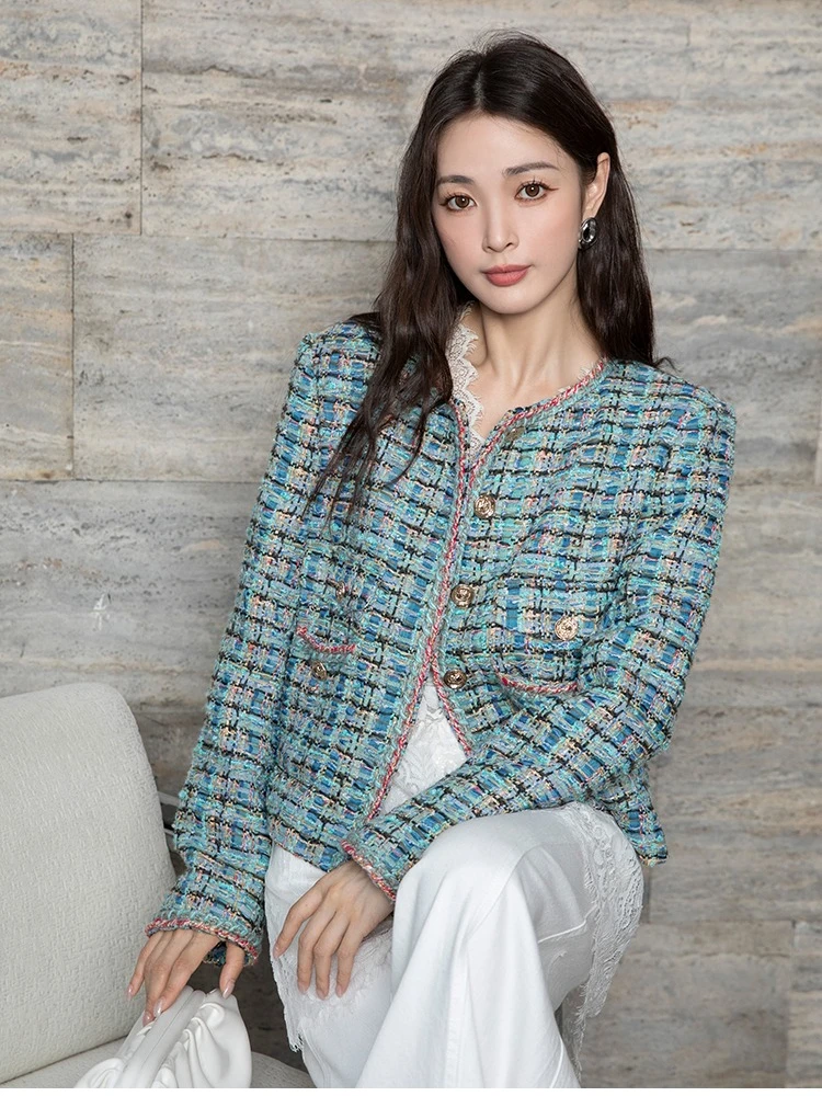 سترة تويد منقوشة فاخرة للنساء، رقبة دائرية عتيقة، جودة عالية، خريف وشتاء، طراز كوري، 2025