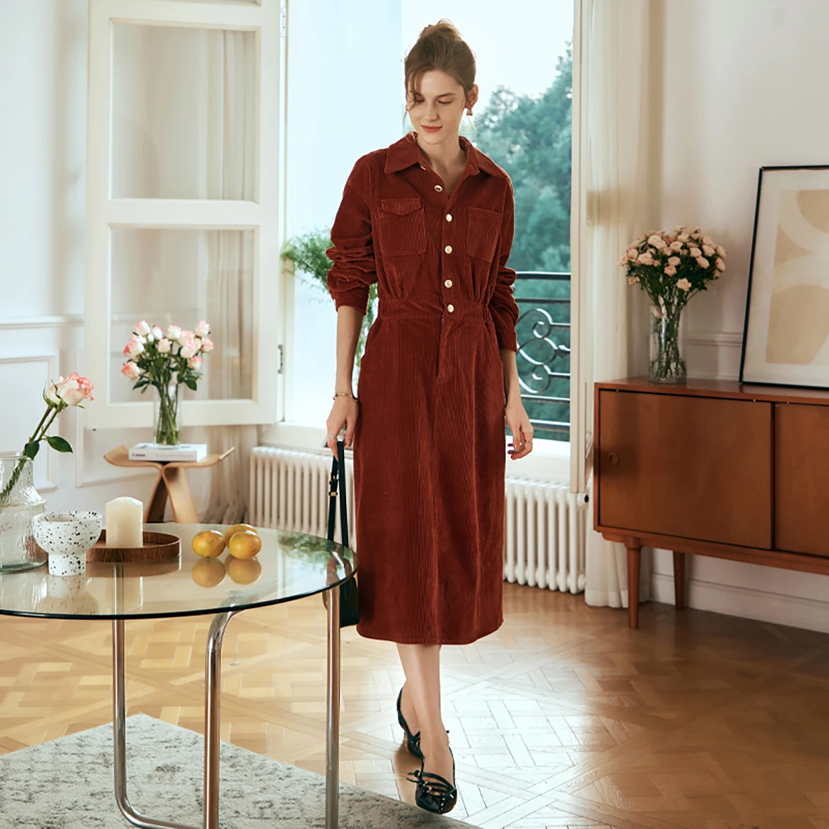OLrain Vintage Red Dress 2025 New Early Spring Long Sleeve Corduroy Women's Dress Turn-Down Collar Fitted waist Dress O24CL88298
