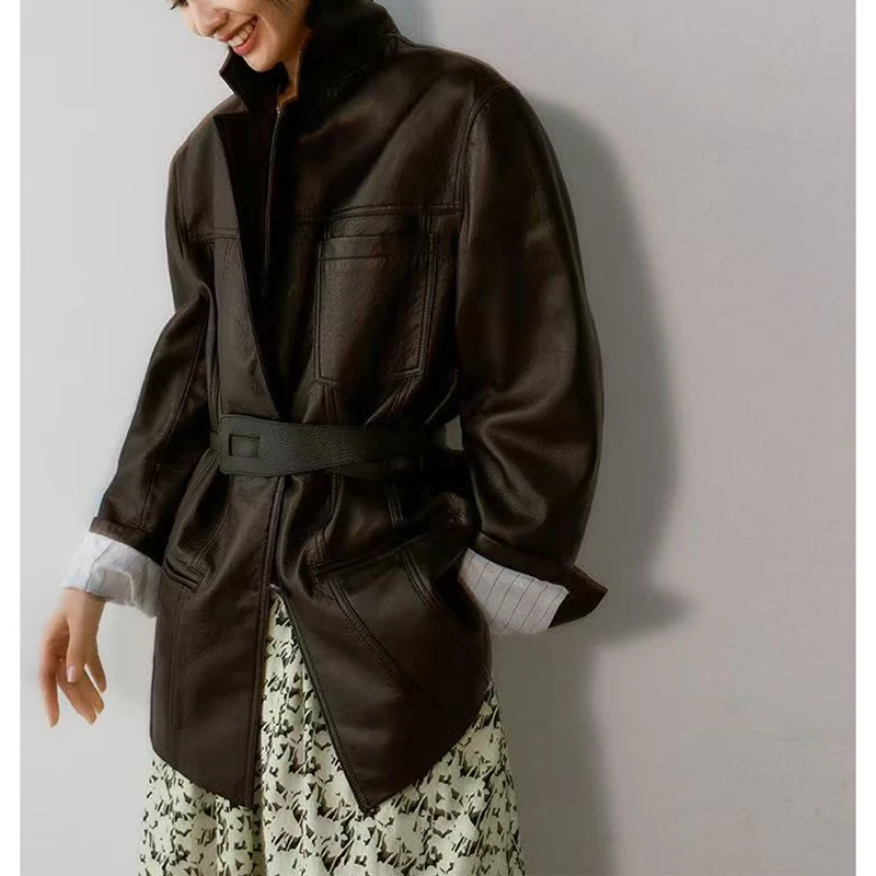 سترات من الجلد الحقيقي السيدات جلد الغنم فقاعة الجلد موضة خمر الأحمر البني زرين جيب فضفاض دعوى معطف Lederjacken Fraue #1