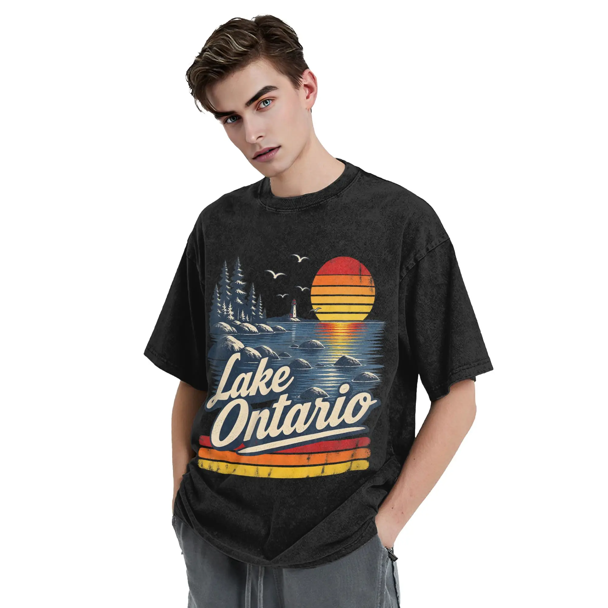 Retro Sunset Great Lakes Lake Ontario Washed T Shirt Streetwear Hip Hop Vintage T-Shirt Top for Men Women Cotton Oversize Summer