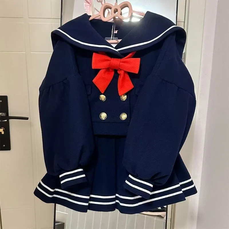 Japanse preppy stijl kawaii dames tweedelige set chique strik marine kraag tops + hoge taille minirok zoete vrouw outfits 2025