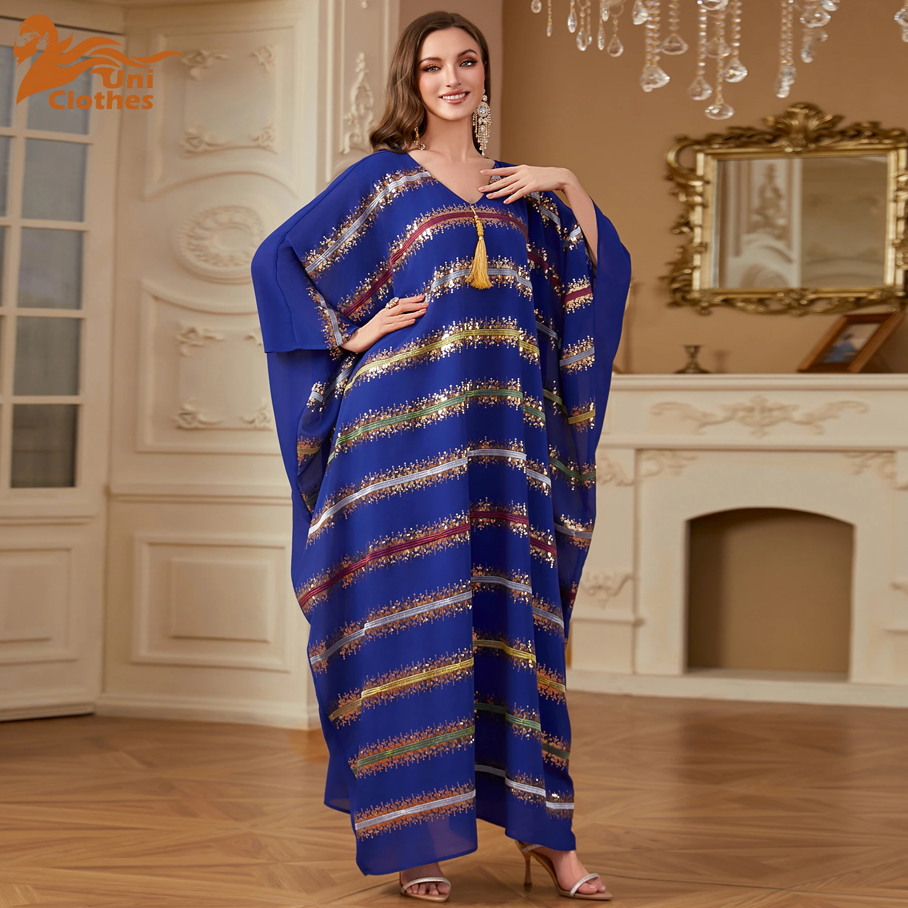

UNI Saudi Arabic Robe Tassel Djellaba Eid Ramadan Muslim Dress Women Sequin Luxury Dubai Abaya Turkey Kaftan Islam Jalabiya Caft