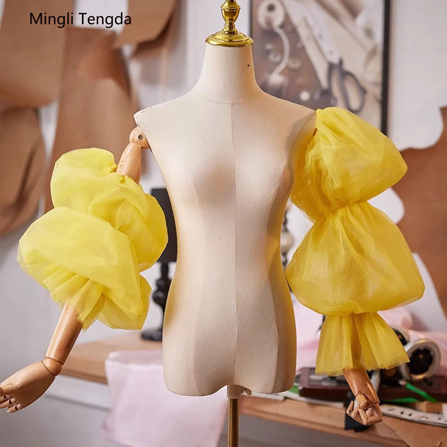 Mingli Tengda قفازات زفاف طويلة للعروس من التول الأصفر بأكمام طويلة ملحقات الزفاف صور الدعائم متعدد الألوان مصنوع حسب الطلب