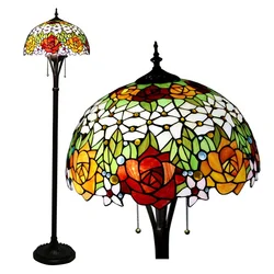 LongHuiJing Tiffany Floor Lamp Glam LED Antique Bright Standing Reading Light 63Inch Tall Red Stained Glass Rose Shade Lamps