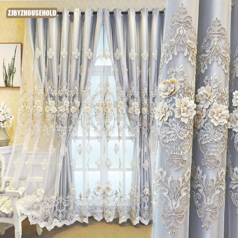 European Luxury Embroidered Double-Layer Semi-Blackout Curtains Custom for Living Room and Bedroom High Shading Rate Curtains