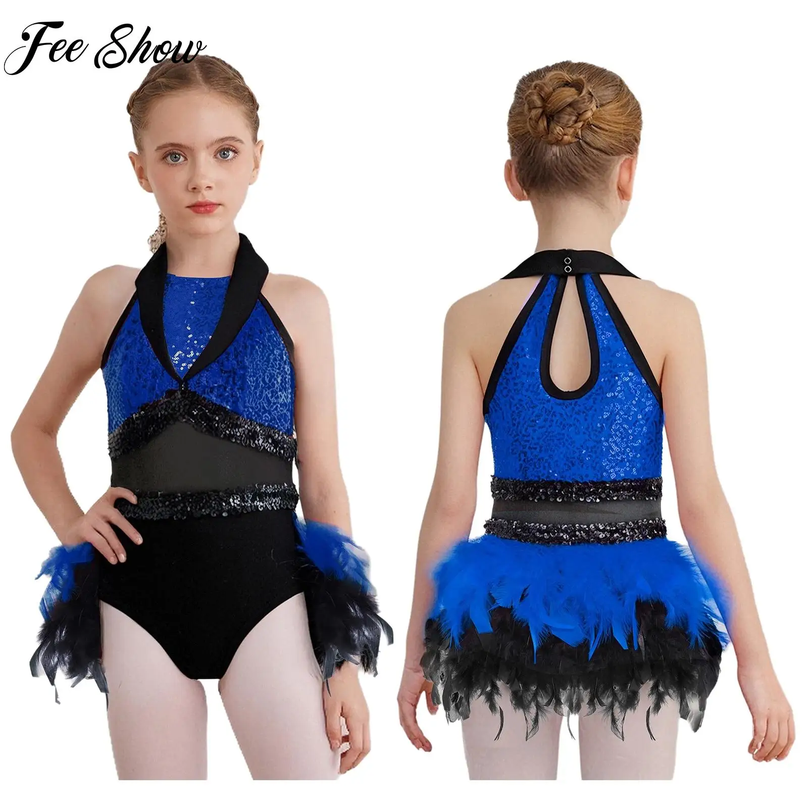 

Girls Shiny Sequins Ballet Jazz Latin Dance Costume Sleeveless Mesh Feather Leotard Dress Figure Skating Performance Dancewear