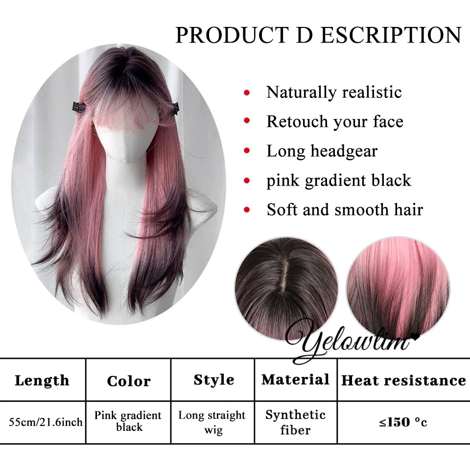 YELOWTIM Synthetic Wig Women's Full Head Pink Gradient Black High-level Feeling Long Straight Hair Full Head Cover Daily Wear