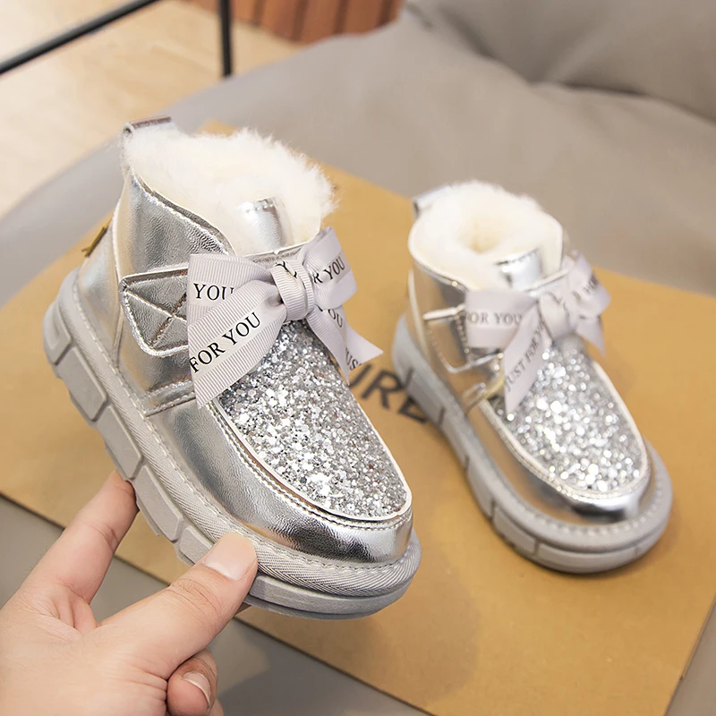 

Winter 2025 Girls Snow Boots Plus Velvet Warm Cotton Boots Baby Bow Princess Short Shoes Kids Winter Thickened Warm Snow Boots