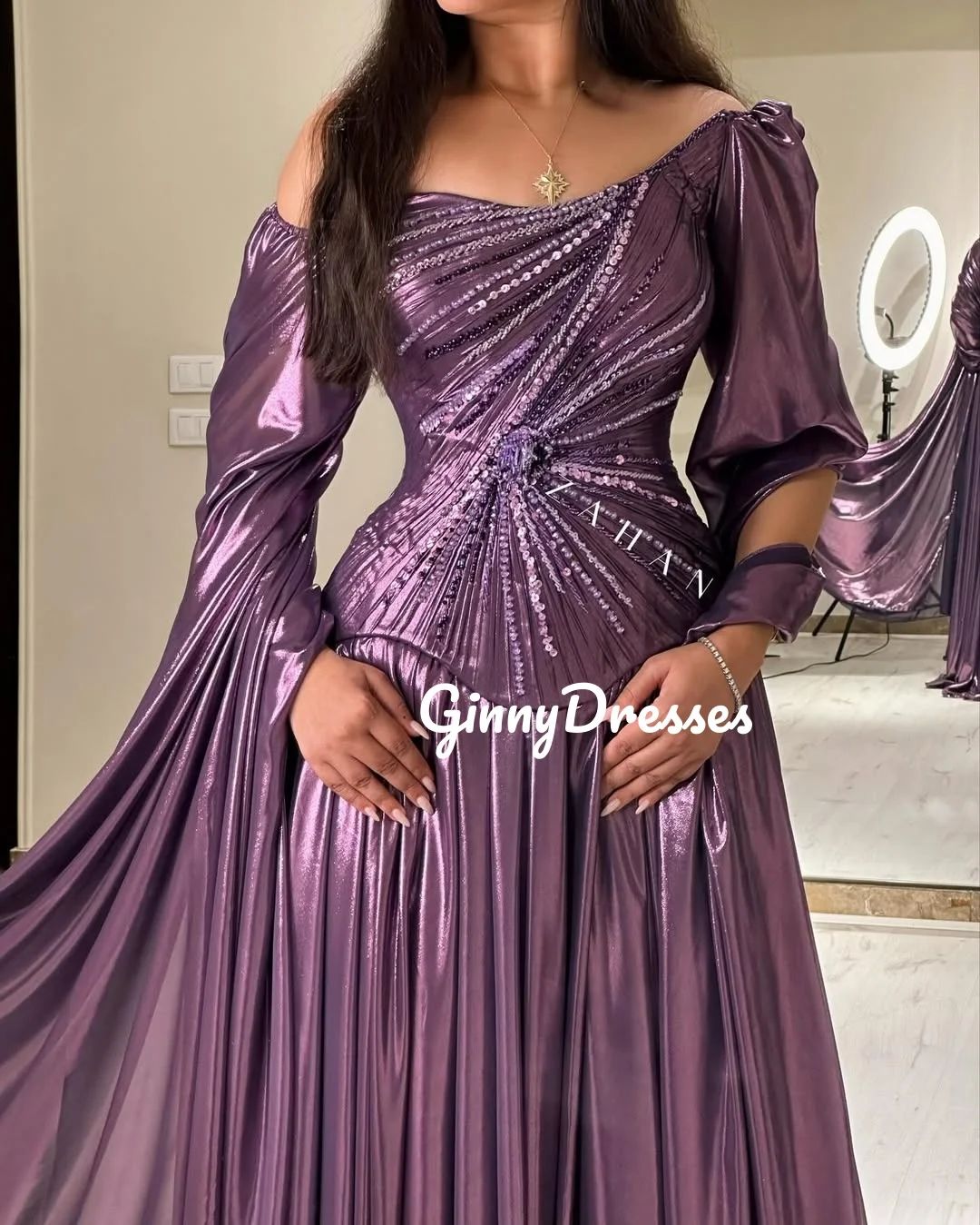 Customized Vestidos De Fiesta Dia A-Line One-Shoulder Floor-Length Evening Dress Ruffle Beadings Long Sleeves Zipper Up Dresses