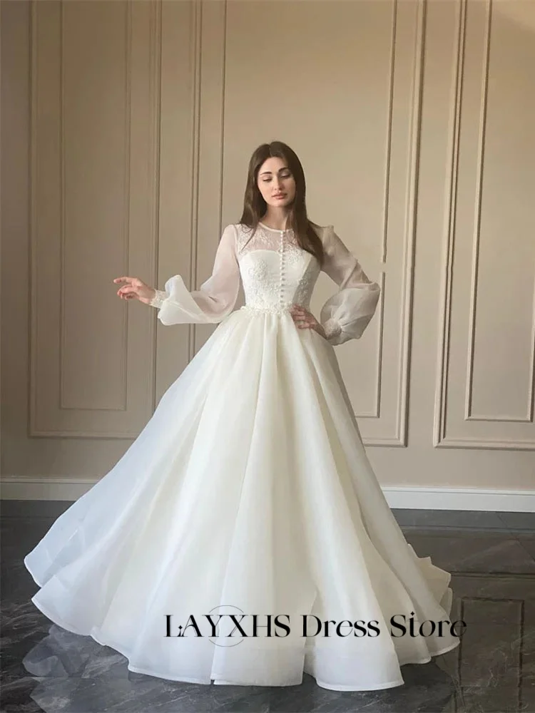 LAYXHS Modest Organza O-Neck Wedding Dress A-Line Button Lace Applique Puff Long Sleeves Bridal Gowns Customized robe de mariée