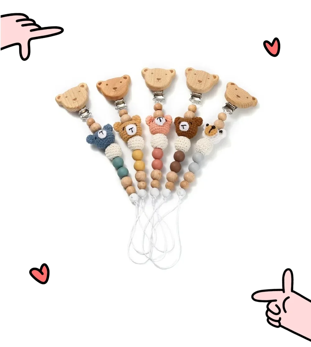 Baby Beech Wood Pacifier Clip Cartoon Animal Crochet Beads Silicone Nipple Chain for Teether Nursing Toys Baby Pacifier Chain