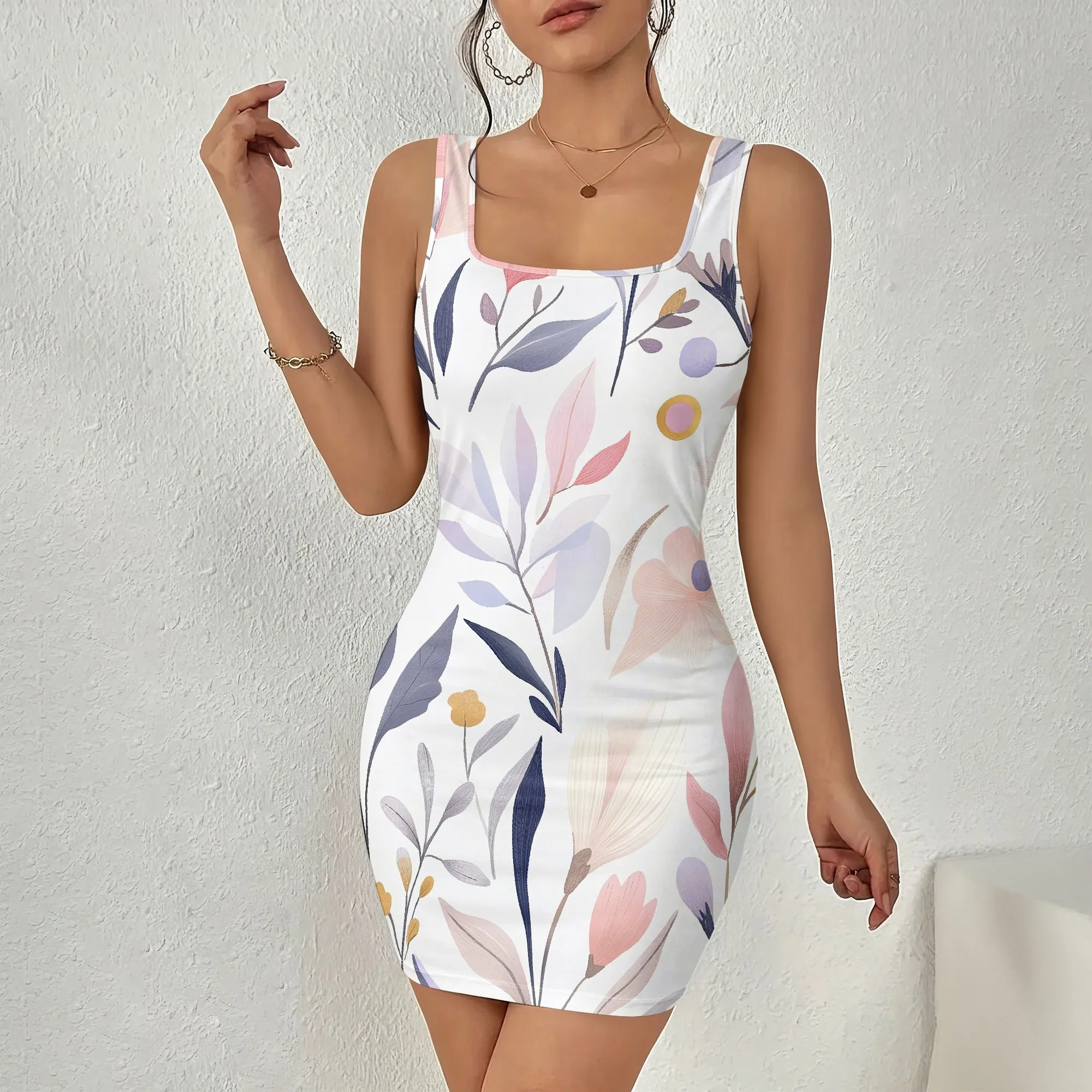 

Floral Bodycon Dress, Sleeveless Square Neck Mini Dress, Abstract Leaf Print, Summer Beach Party Wear, S-2XL