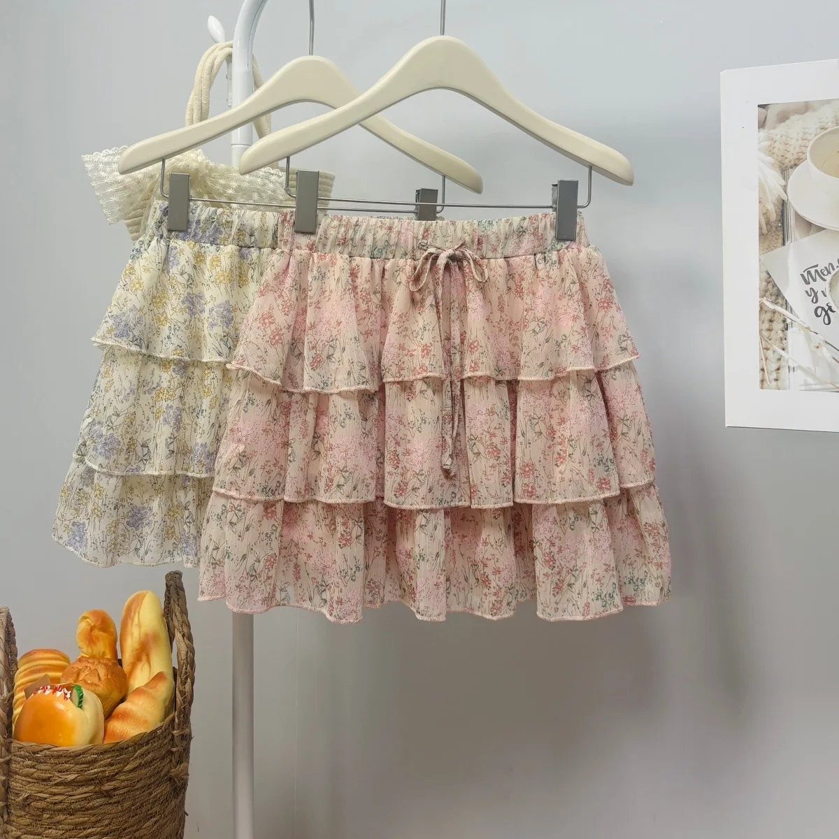 Sweet Floral Chiffon Cake Skirt for Women in The Summer of 2026, The New Layered Thin A-word Fluffy Skirt