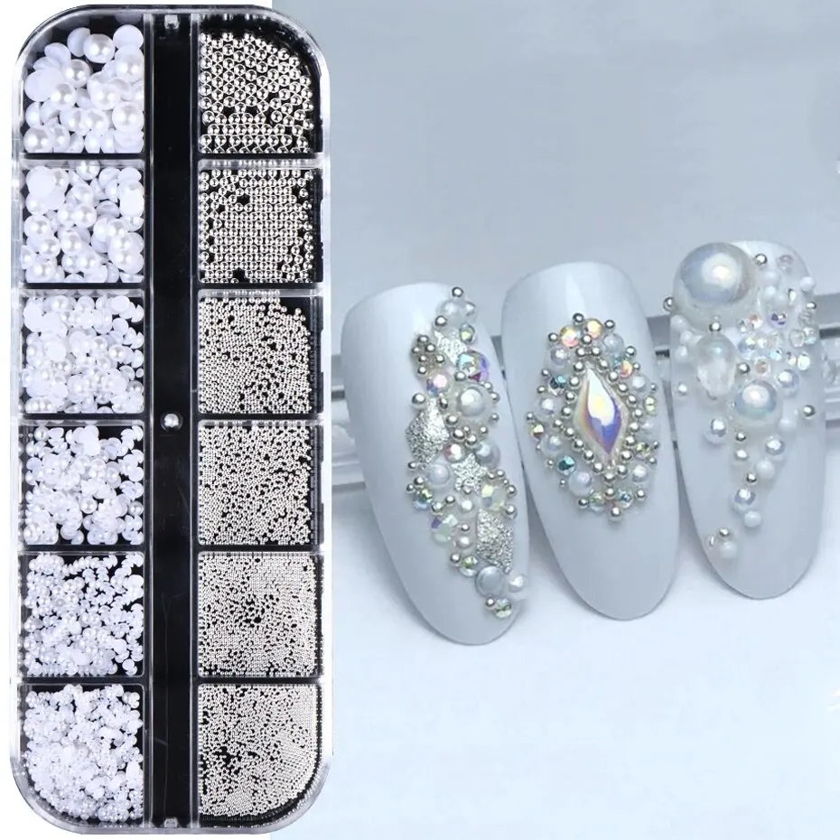 

12 Grids White Pearls Nail Charms Caviar Beads Decorations Half Pearls Nail Jewelry Parts DIY Ornaments Manicure Accessories