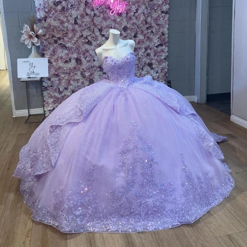 Mexico Lavender Off Shoulder Ball Gown Sweet 16 Years Old Quinceanera Dresses For Formal Beaded Applique Ruffles Graduation Vest