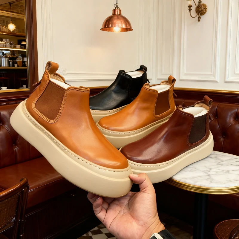 

Retro Men Ankle Boots Genuine Leather High Quality Mens Business Casual High Top Shoes Comfortable Men Fashion Chelsea Boots