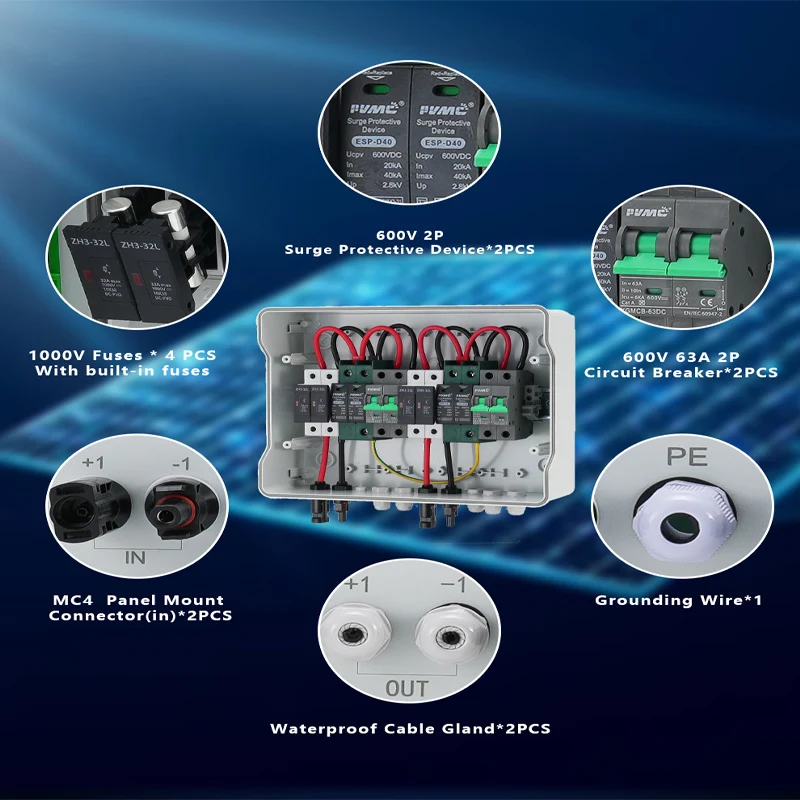 2-In 2-Out 600VDC PV Combiner Box with DC Circuit Breaker, SPD Surge Protector & PV Fuses