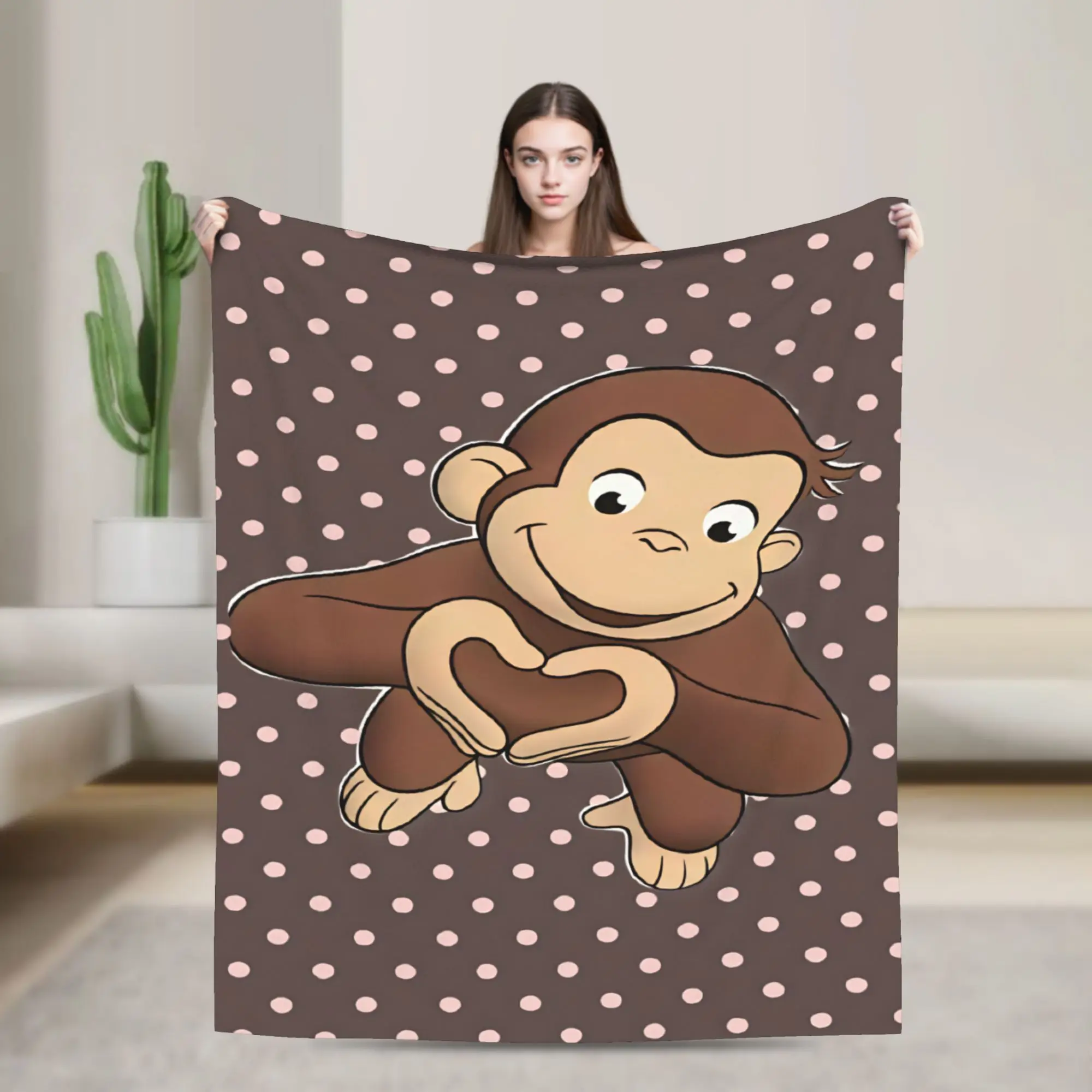 Curious George Hand Heart Polka Dot Blanket Warm Fluffy Plush Bedding Throws For Outdoor Travel Flannel Bedspread Bed Cover
