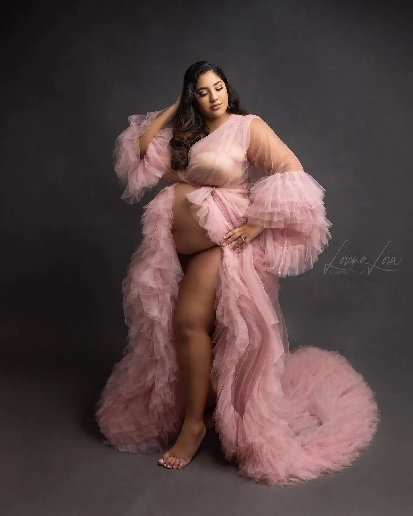

Pink Women Pregnant Prom Dress Sexy V Neck Tulle Full Sleeves Tiered Maternity Robes Evening Gown Sleepwear Customized Skirt