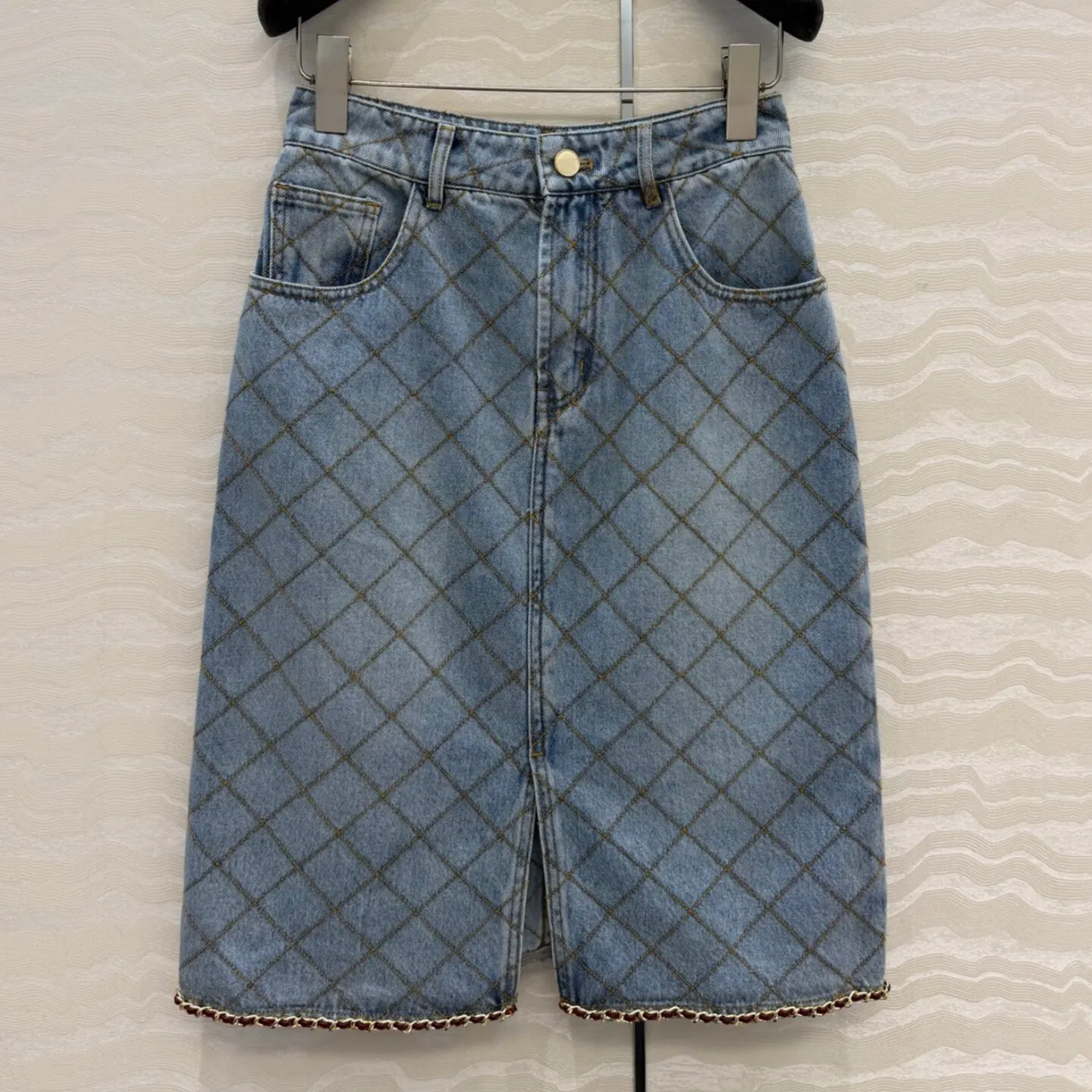 Embroidered Diamond‑Stitch Denim Straight‑Cut Midi Skirt, Autumn Winter New Arrival, Vintage Washed Half Skirt