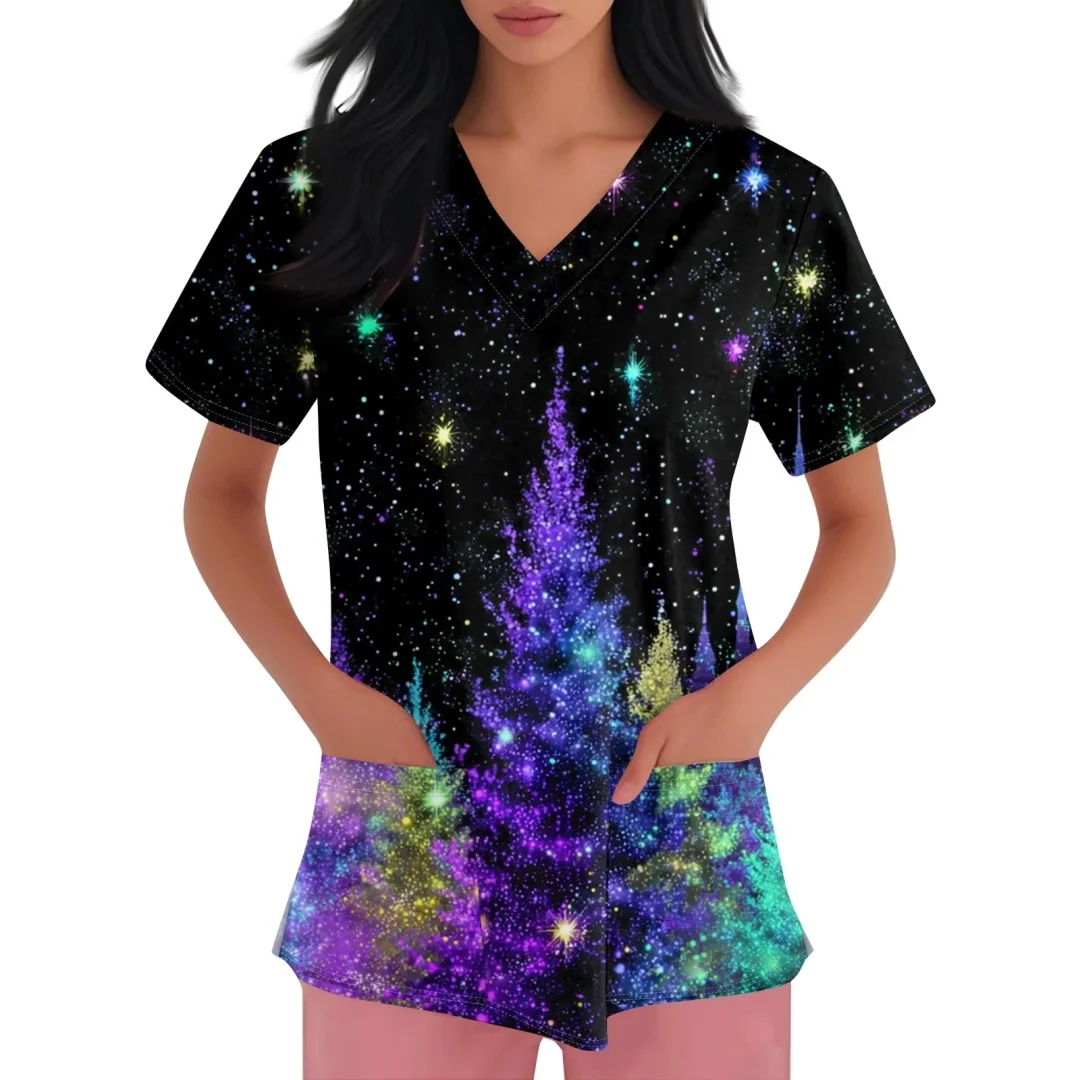 Leuke Kerstman Scrubs voor Vrouwen Tops V-hals Korte Mouw Plus Size Tops Kerst Print Verpleegster Werken Uniformen met Zakken Top