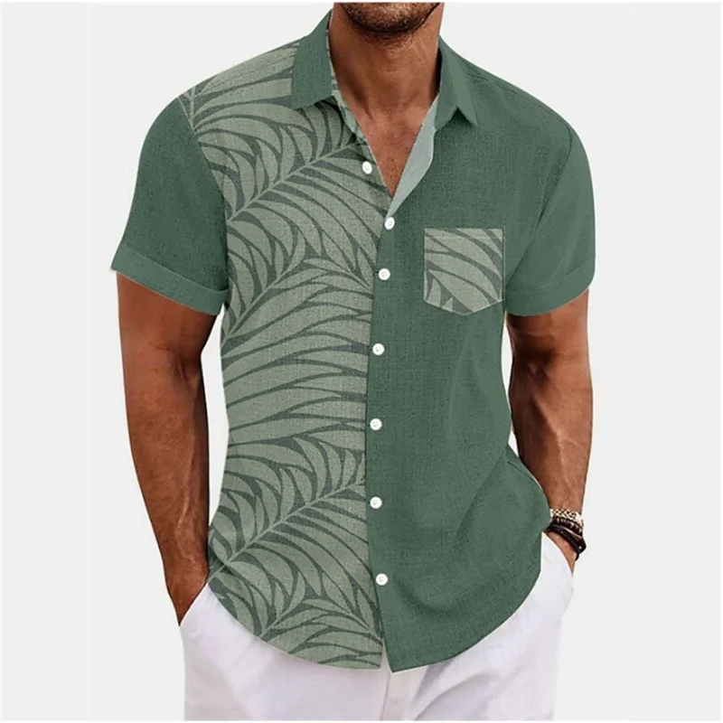 New Fashion Black simple atmospheric single buckle Pocket Men's Shirt Summer Hawaiian Shirt Leaf Print  Outdoor Street Short Top