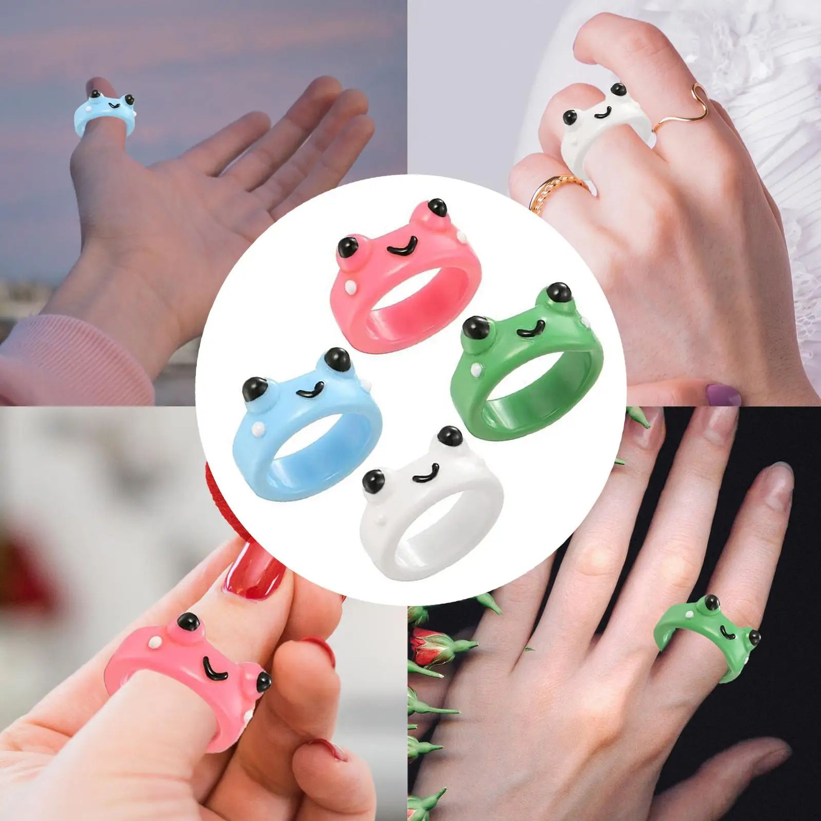 4x Frog Rings Set Gift Anime Plastic 7 Size Clay Resin Cute Funny Stacking