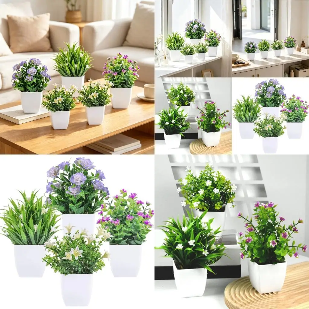 L9BE Counter Display Accent Set of 4, Artificial Arrangement in Mini White Holders for Desk Shelf Windowsill Styling and Study